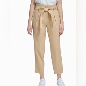 Calvin Klein Womens Linen High Waist Tie Waist Cropped Pants Tan Size 8
